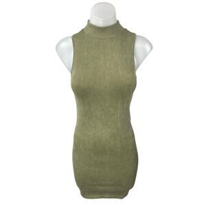 Forever 21 Olive Green Sleeveless Rib High Neck Mini Bodycon Sweater Dress S/M